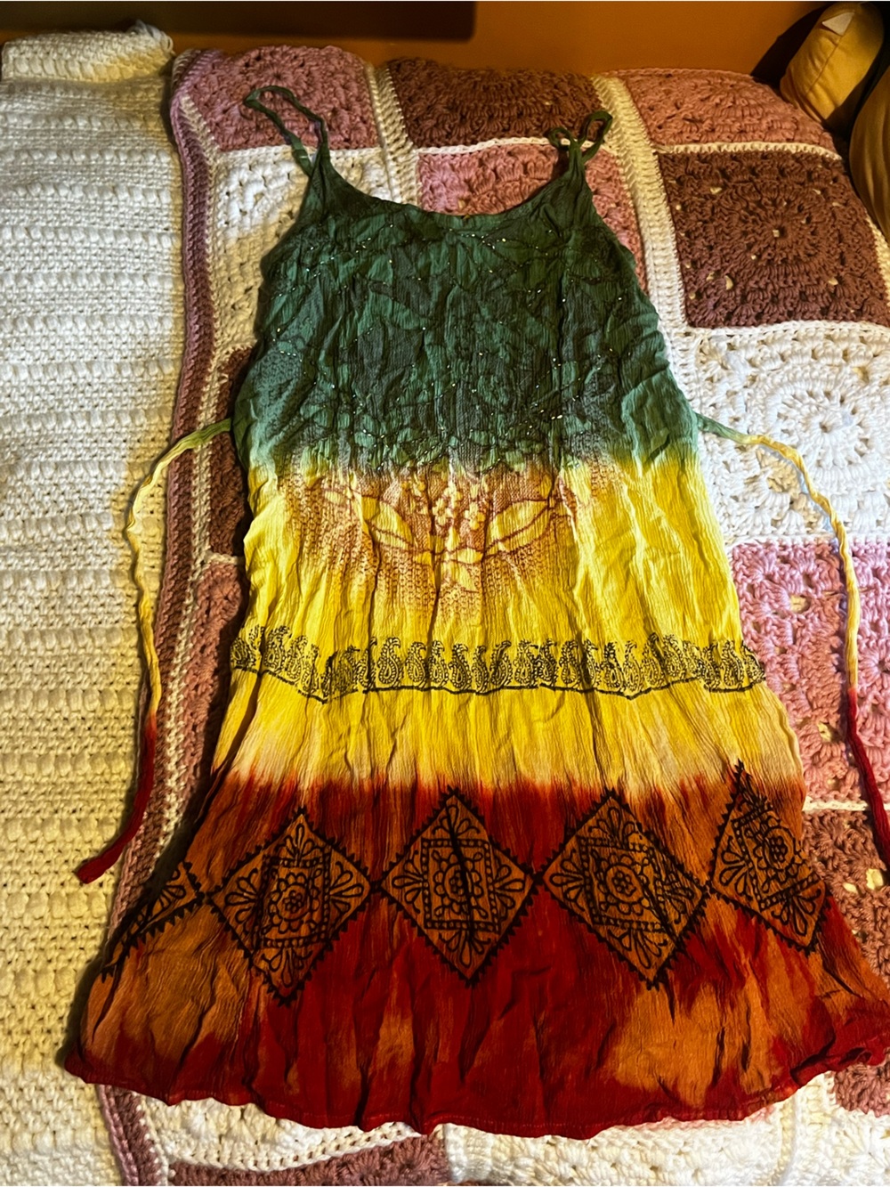 Tie-Dye Midi Beaded Sundress with Smocked Bodice